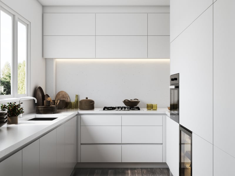 Vivid White Minimalist L-Shaped Modular Kitchen